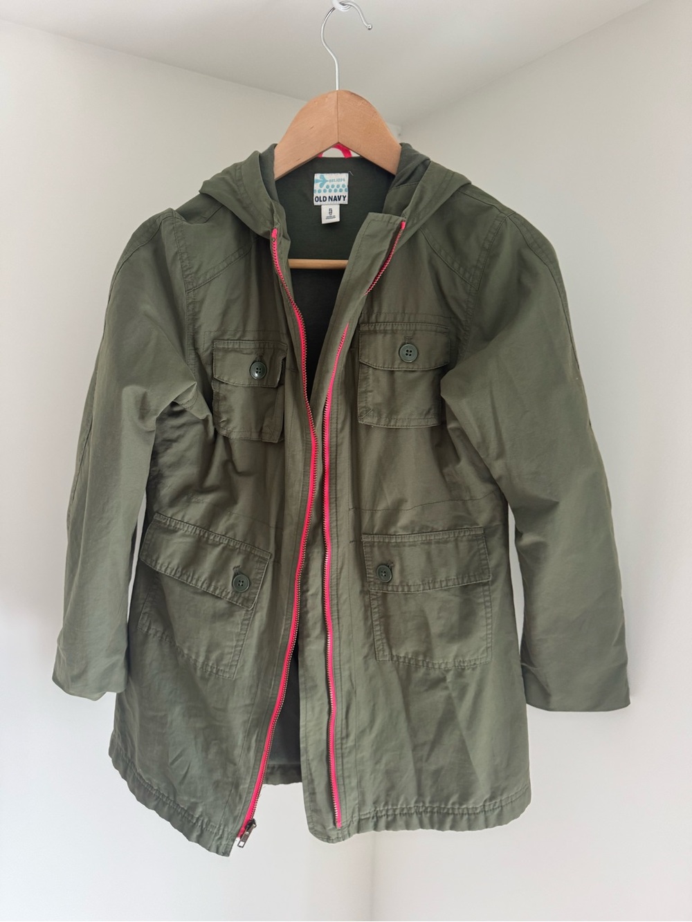 Old Navy Olive Green Hooded Girls' Utility Jacket with Pink Zip